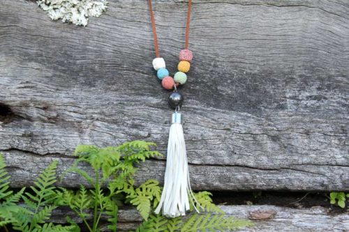 Lava Bead Diffuser Necklace with White Tassel